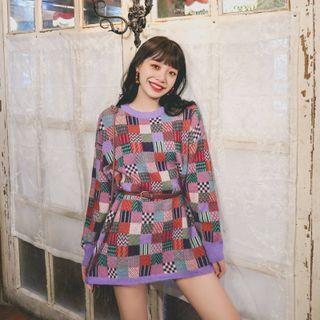 Long-sleeve Patterned Knit Mini Dress Purple & Brick Red - One Size