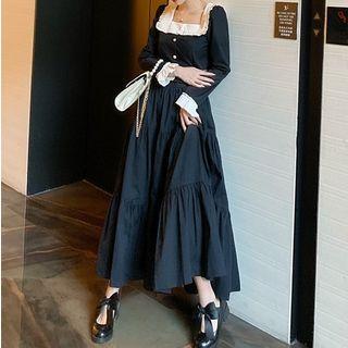Contrast Trim Square-neck Blouse / Maxi A-line Skirt