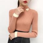 Mock-neck Heart Embroidery Knit Top