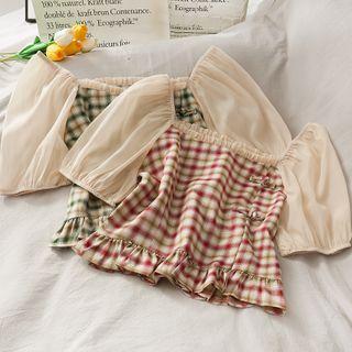 Patchwork Sqaure-neck Checker Qipao Top