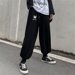 Butterfly Embroidered Wide Leg Drawstring Pants