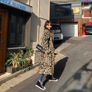 Single-breasted Leopard Long Coat Leopard - One Size