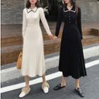 Collared Long-sleeve Midi A-line Knit Dress