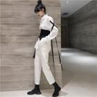 Color-block Long-sleeve Loose-fit Shirt / Plain Corset Belt / Pants