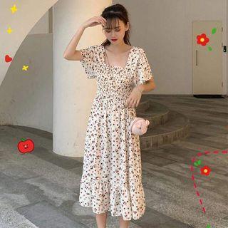 Short-sleeve Ruffle Floral Printed Chiffon Dress