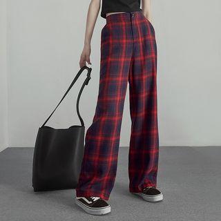 Wide-leg Plaid Pants