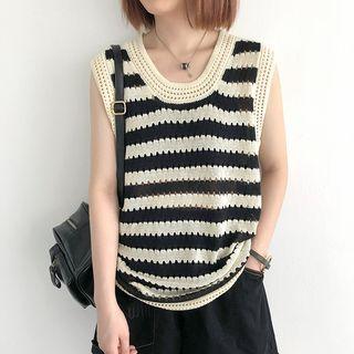 Color Block Stripe Eyelet Knit Tank Top Almond & Black - One Size