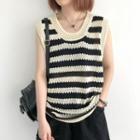 Color Block Stripe Eyelet Knit Tank Top Almond & Black - One Size