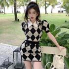 Puff-sleeve Argyle Knit Crop Top / Mini Pencil Skirt