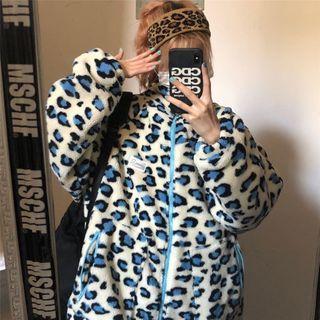 Leopard Print Fleece Zip Jacket Aqua Blue - One Size