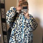 Leopard Print Fleece Zip Jacket Aqua Blue - One Size