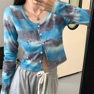 Long-sleeve Tie-dye Print Button Cropped T-shirt Blue & Gray - One Size