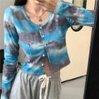 Long-sleeve Tie-dye Print Button Cropped T-shirt Blue & Gray - One Size