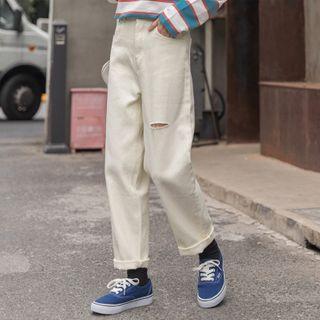 Plain Distressed Straight-cut Pants