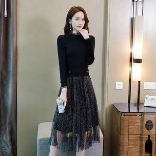 Set: Contrast Trim Long-sleeve Knit Top + Glitter Midi A-line Skirt