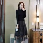 Set: Contrast Trim Long-sleeve Knit Top + Glitter Midi A-line Skirt