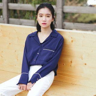 Contrast Trim Blouse Blue - One Size