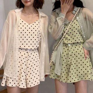 Set: Dotted Strap Camisole + Dotted Shorts / Plain Long-sleeve Shirt