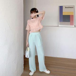Short-sleeve Cropped Blouse / Wide-leg Dress Pants