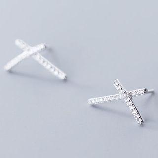 S925 Sterling Silver Rhinestone Cross Stud Earring As Shown In Figure - One Size