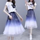 Set: Planet Print Short-sleeve T-shirt + Gradient Midi A-line Mesh Skirt
