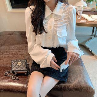 Plain Shirred Long-sleeve Shirt White - One Size
