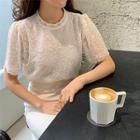 Flower Embroidered Short-sleeve Chiffon Blouse Almond - One Size
