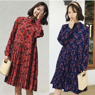 Floral Pleated Long-sleeve Dress
