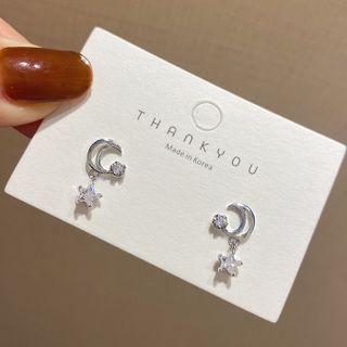Moon & Star Rhinestone Dangle Earring 1 Pair - E4306 - 925 Silver - Silver - One Size
