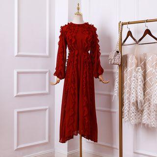 Long-sleeve Ruffle Trim Maxi A-line Dress