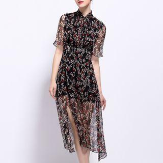 Floral Print Short Sleeve Silk Dress