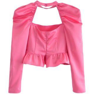 Cutout Ruffle Trim Cropped Blouse