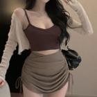 Cropped Camisole Top / Plain Cardigan / Drawstring Mini Pencil Skirt