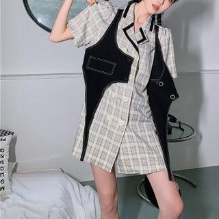 Short-sleeve Mock Two-piece Plaid Mini Shirtdress