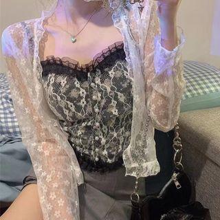 Floral Print Lace Camisole Top / Floral Embroidered Cardigan