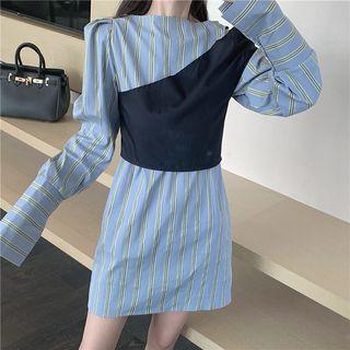 Mock Two Piece Asymmetric Shoulder Striped Dress