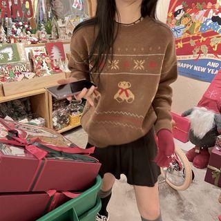 Long-sleeve Bear Printed Knit Sweater Coffee - One Size