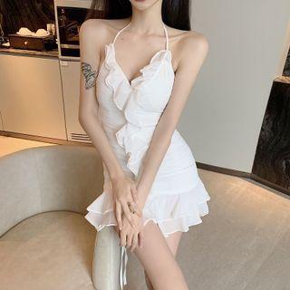 Sleeveless V-neck Ruffle Slim-fit Halter Dress