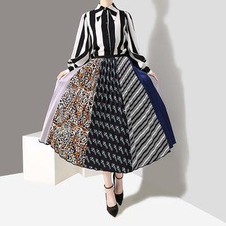 Patterned Pleated Midi Skirt 4875 - As Shown In Figure - One Size