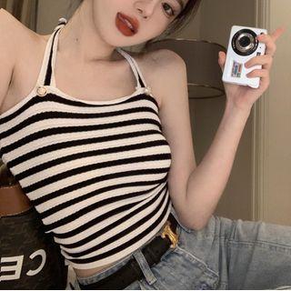 Halter Neck Striped Knit Camisole Top Stripe - White & Black - One Size