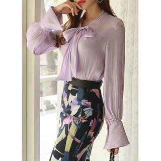 Tie-neck Bell-cuff Satin Blouse