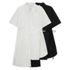 Short-sleeve Plain Irregular Tie-strap Accordion Pleat Dress