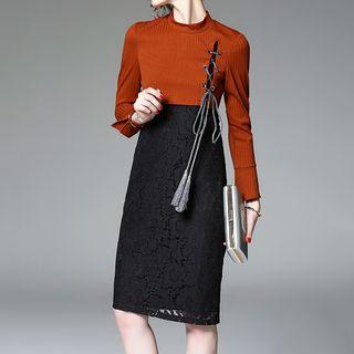 Contrast Panel Long-sleeve Lace Dress