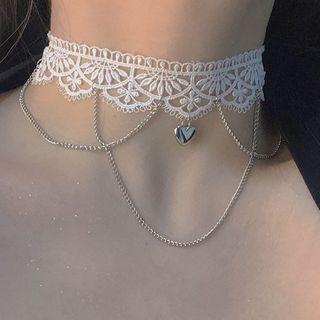 Heart Pendant Layered Lace Choker Silver - One Size