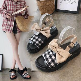 Slingback Bow Accent Check Platform Sandals