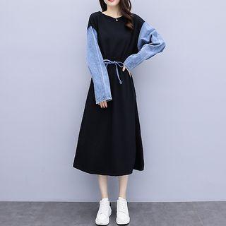 Long-sleeve Denim Panel Midi A-line Dress