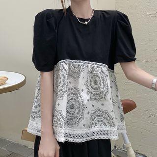 Short-sleeve Print Panel T-shirt Black & White - One Size