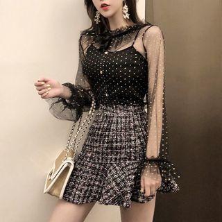 Long-sleeve Mesh Top / Spaghetti Strap Top / Mini A-line Tweed Skirt / Set