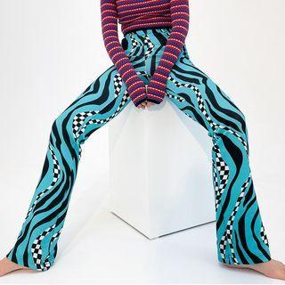 High-waist Color-block Wavy Pattern Boot-cut Pants