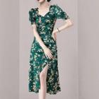 Short-sleeve Floral Printed Slit Dress